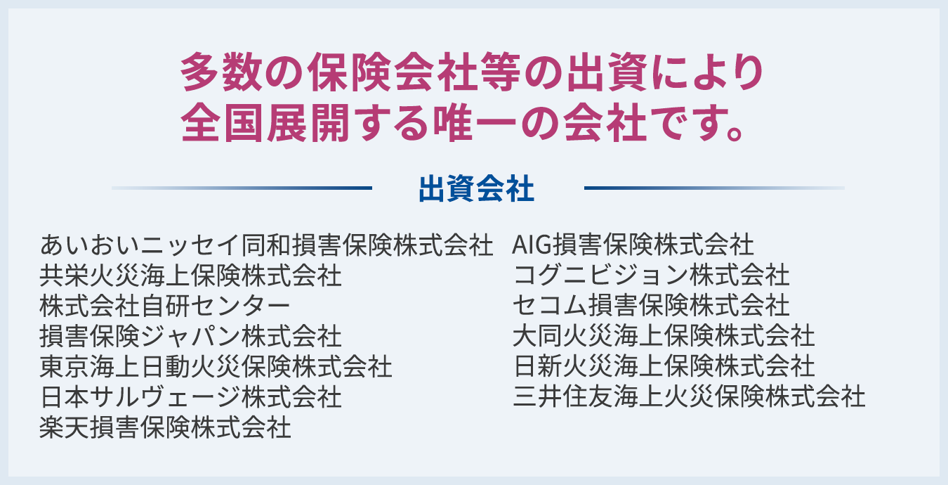 多数の保険会社等の出資により全国展開する唯一の会社です。